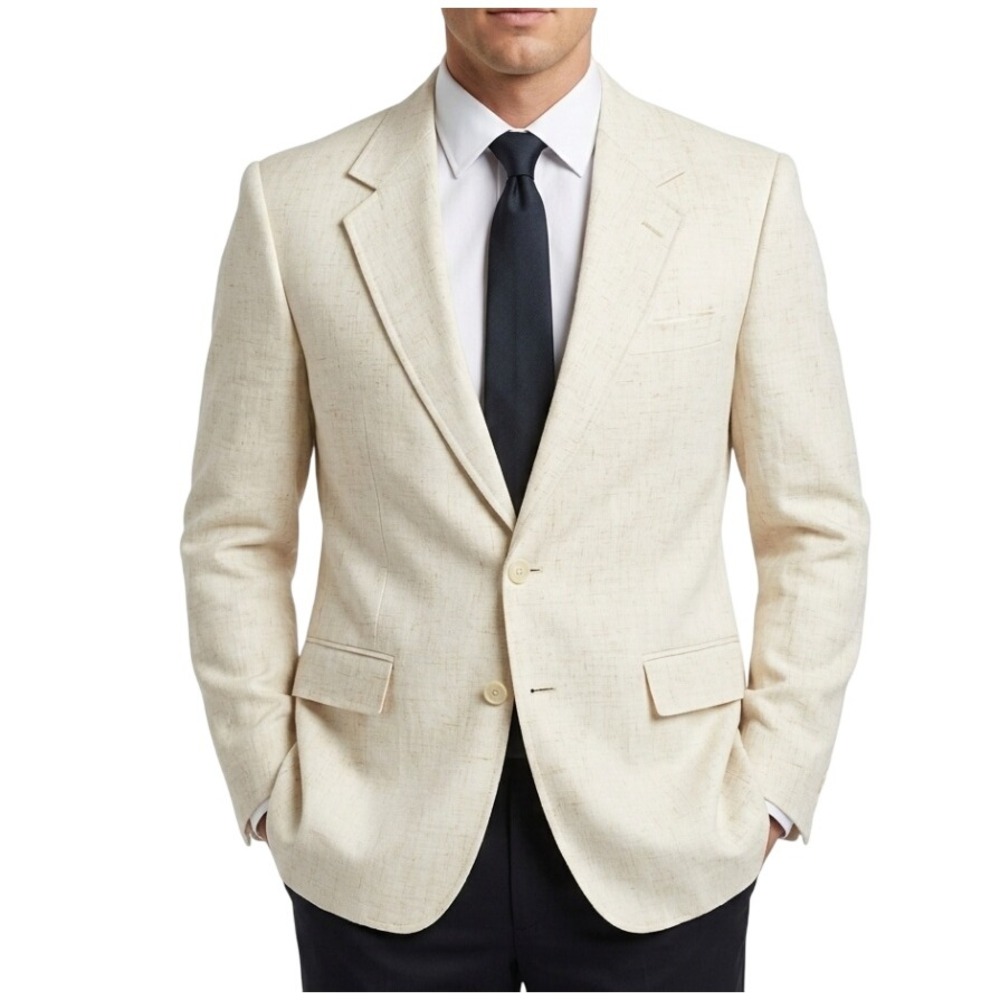 The Men's Store Blazer Mens 42 Tall Cream Linen Blend Vintage Two Button Jacket